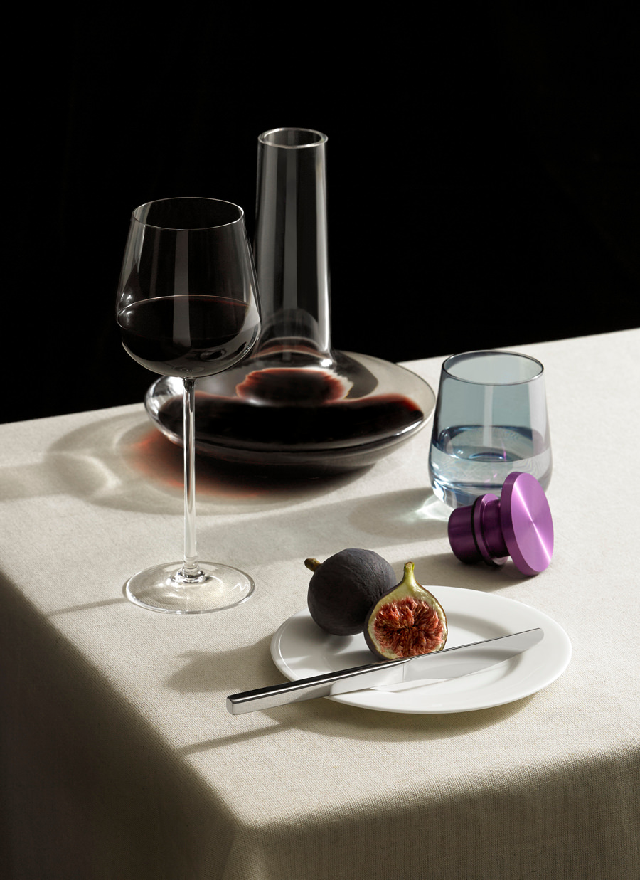 David Mellor embassy glassware on a dark background.